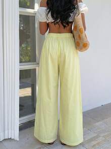 Sunnyshic Lace-Up Waist Fold-Over Cotton Harem Pants - Green - View 2