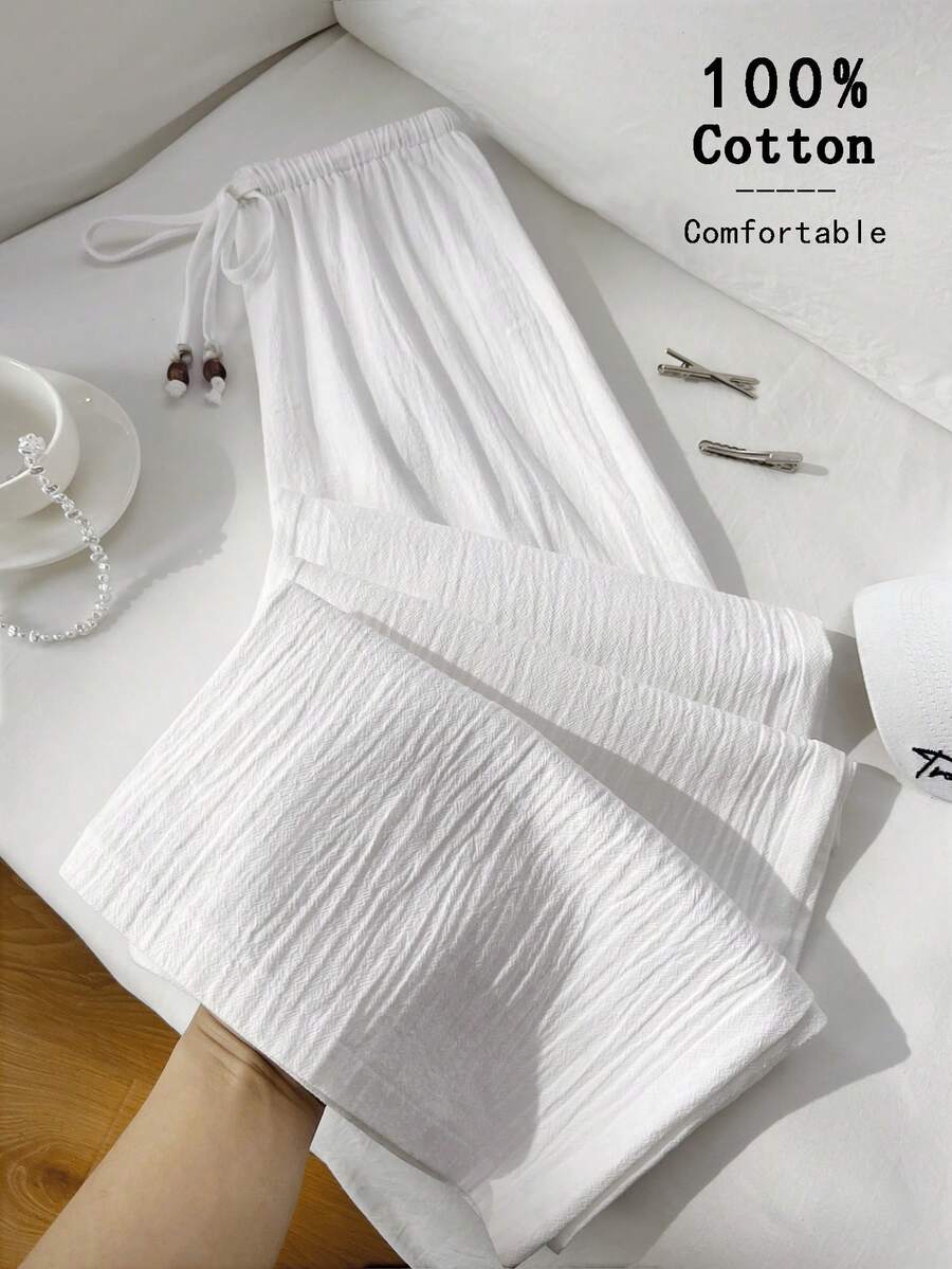 SHEIN Sweetro French Casual Minimalist All-Match Straight Leg Pants With Drawstring And Beaded Design, Spring/Summer Fashion Leisure Style, Low Waist Design For Women - White - View 1