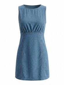 Aloruh Women's Light Blue Sleeveless Denim Dress,Summer Casual Vacation Holiday,Minimalist Light Wash Mini Dress With Self-Tie Belt,Round Neck Fitted Dress - Blue - View 3
