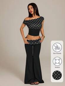 SHEIN PETITE Áo croptop nữ kiểu retro thanh lịch họa tiết chấm bi, cổ áo bất đối xứng, ôm sát, thích hợp cho mùa hè. - màu đen - Xem 10