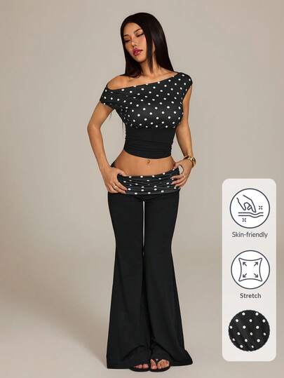SHEIN PETITE Women's Retro Elegant Polka Dot Print Asymmetrical Collar Fitted Cropped Top, Summer