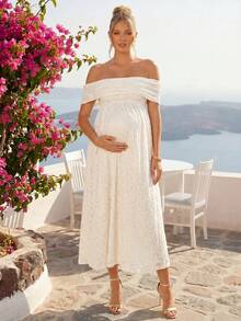 Loomaby Vestido minimalista de uso diario con hombros descubiertos, de unicolor y con aplicaciones de encaje para embarazadas - Caqui - Ver 4