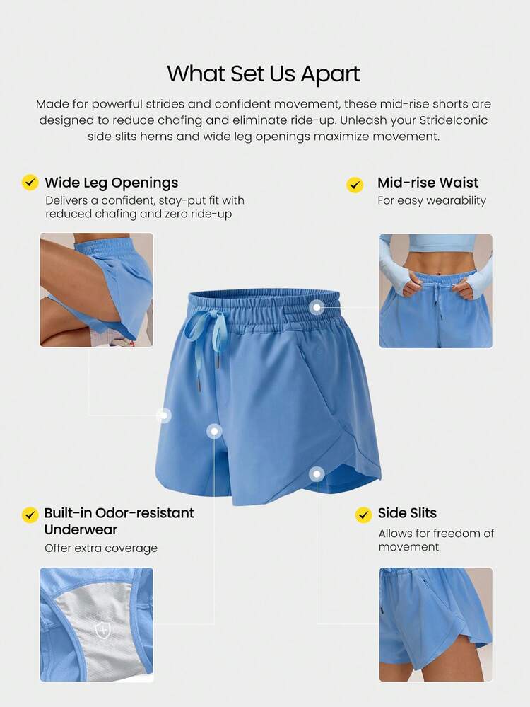 3" VitalSwift Sleek Strides Lightweight Quick-Dry Stretchy Odor Control Side-Split Hem Zipper Pocket Shorts Training Tennis Running Workout Gym Wear