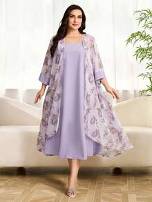 Modelyn Plus Size Women's Elegant Floral Print Tassel Belt Flare Sleeve Jacket And Spaghetti Strap Dress 2-Piece Set, Spring/Autumn Gym Brown - Multicolor - View 5