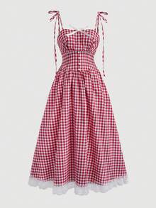SHEIN Vestido de media manga sin mangas con estampado floral pequeño para niña preadolescente, color rosa fresco - Rojo - Ver 5