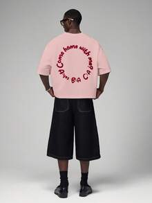 STYNVO Men's Letter Print Casual Round Neck Short Sleeve T-Shirt, Summer - Pink - View 4