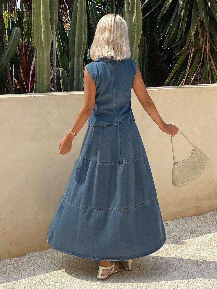 Women's Single-Breasted Denim Vest And Denim Mini Skirt Casual Suit