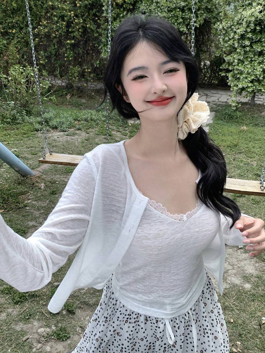 DAZY 两件套女式韩版吊带背心和长袖外套套装 - 白色 - 查看 1