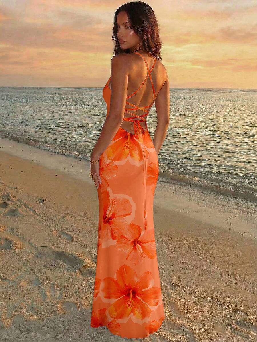 Đầm hở lưng in hoa dâm bụt Hawaii thanh lịch của Aloruh dành cho nữ, trang phục nghỉ hè, đầm đi biển, trang phục nghỉ dưỡng nhiệt đới phong cách Bohemian cho nữ. - trái cam - Xem 1