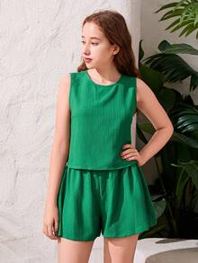 SHEIN Bộ đồ hai mảnh không tay bằng vải dệt thường ngày của cô gái tuổi teen, mùa xuân/hè - màu xanh lá - Xem 7