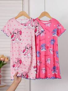两件套女童睡衣，可爱卡通兔子图案，包括浅粉色满印兔子爱心“LOVELY”字样和深粉色满印蓝粉兔子爱心图案，轻薄柔软，简约设计，适合夏季穿着，弹性好，可机洗，穿着舒适（两件分开出售） - 粉色 - 查看 7
