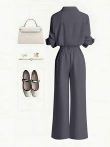 Zovinel New Button-Up Solid Color Shirt And Straight Leg Casual Pants Set - Grey - View 2