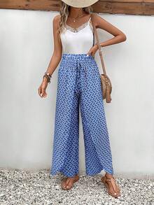 SHEIN Frenchy Allover Print Knot Waist Tulip Hem Wide Leg Baggy Cross Over Pants - Blue - View 3