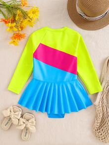 SHEIN Kids Young Girl Contrast Color Half Zip One-Piece Long Sleeve Swimsuit - Multicolor - View 8