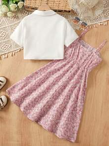 SHEIN Tween Girls White Short Sleeve Shirt & Ditsy Floral Camisole Dress 2-Piece Set - Pink - View 2