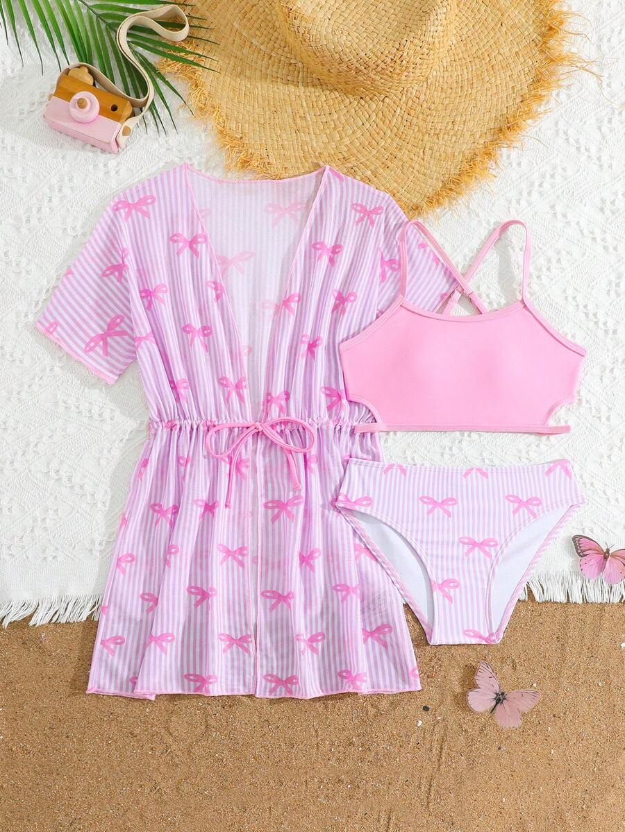 SHEIN 三件套少女泳装，粉色吊带镂空泳衣+彩色泳裤+彩色罩衫，甜美休闲可爱风格，舒适面料，适合海滩、游泳、冲浪。 - 粉色 - 查看 1