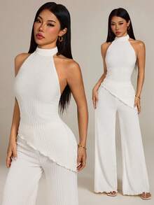 SHEIN PETITE Bộ đồ hai mảnh không tay trễ vai, chất liệu dệt họa tiết, dáng ống rộng, thanh lịch dành cho nữ, thích hợp cho mùa xuân sớm: Phong cách nghỉ dưỡng phóng khoáng màu mơ - đa năng cho đi làm, dạo phố, công sở, mặc hàng ngày, hẹn hò, ngày Valentine và dự tiệc cưới. - Màu be - Xem 4