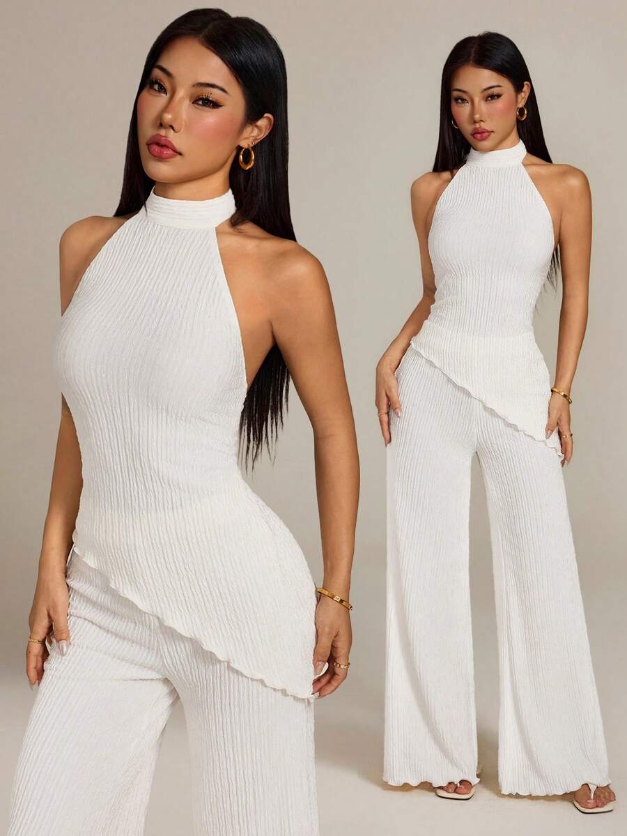 SHEIN PETITE Bộ đồ hai mảnh không tay trễ vai, chất liệu dệt họa tiết, dáng ống rộng, thanh lịch dành cho nữ, thích hợp cho mùa xuân sớm: Phong cách nghỉ dưỡng phóng khoáng màu mơ - đa năng cho đi làm, dạo phố, công sở, mặc hàng ngày, hẹn hò, ngày Valentine và dự tiệc cưới.