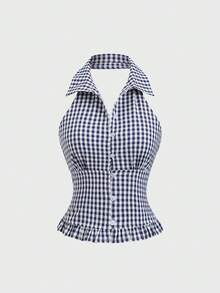 Sweetra Nueva camisa corta a cuadros de primavera/verano 2026, con cuello halter y dobladillo con volantes, adecuada para uso en la calle y atuendos casuales - Azul Marino - Ver 1
