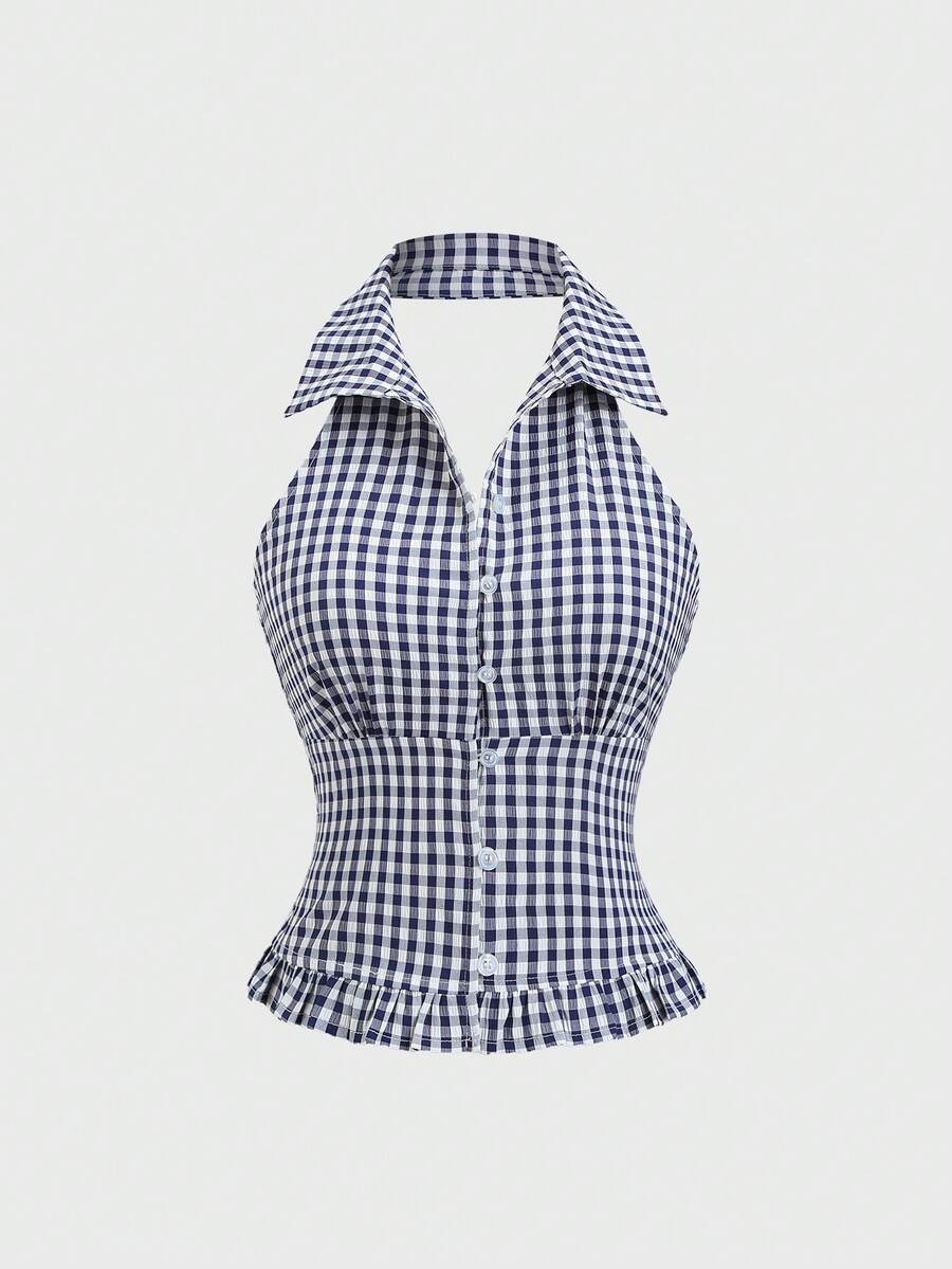 Sweetra Nueva camisa corta a cuadros de primavera/verano 2026, con cuello halter y dobladillo con volantes, adecuada para uso en la calle y atuendos casuales - Azul Marino - Ver 1