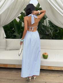 Sunnyshic Abito a-line in cotone a righe blu e bianche con scollo a v, schienale scoperto e laccio, elegante per l'estate, la spiaggia, le vacanze, gli spostamenti, lo shopping, gli appuntamenti e l'uso quotidiano - Blu e Bianco - Visualizzare 2