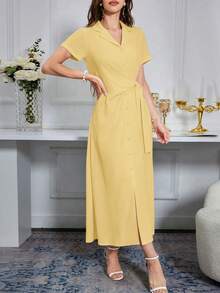 Modelyn Đầm maxi mùa hè màu trơn cổ chữ V tay ngắn cài cúc phía trước dành cho nữ. - Màu vàng - Xem 3