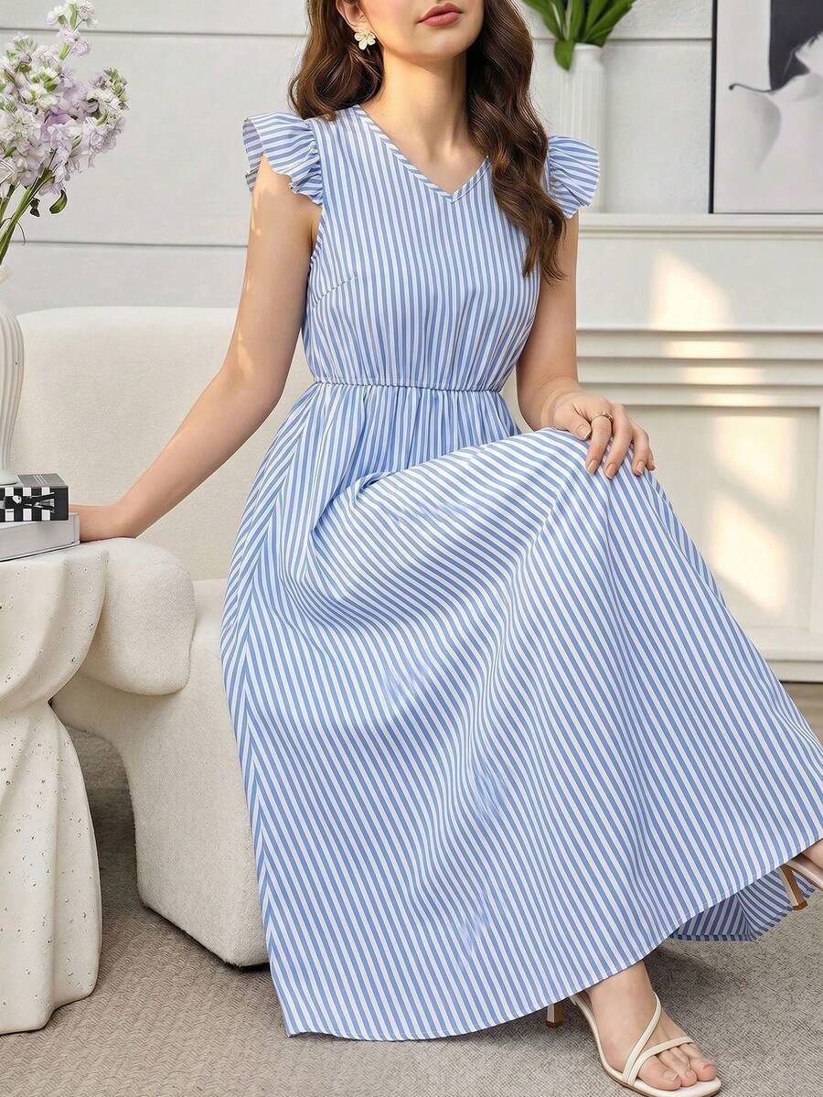 SHEIN Đầm casual tay ngắn kẻ sọc xanh trắng, thắt eo, thích hợp cho kỳ nghỉ, dạo chơi và mặc hàng ngày. - Màu xanh lam - Xem 1