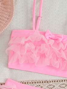 SHEIN Bộ đồ bơi đáng yêu cho bé gái với nơ màu trơn trang trí lưới vá xếp nếp - Màu Hồng baby - Xem 3