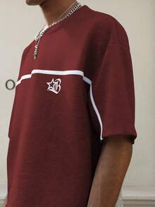 PAVTROS Young Street Style, Ribbon Design, Gothic Letter Print Grey Men T-Shirt Set Football - Burgundy - View 4