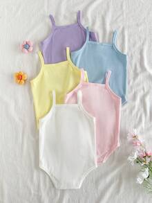 SHEIN Vintaside Kids 5件套女婴幼儿0-3岁休闲日常百搭田园风精致刺绣图案连体衣套装，多色可选 - 彩色 - 查看 2