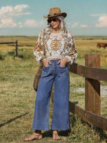 EMERY ROSE Women's Pocket Button Casual Versatile Daily Wear Wide Leg Jeans - Blue - View 1