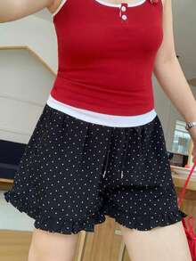 Dazy Plus Ruffled Hem Korean Style Polka Dot Casual Loose Shorts, Plus Size Summer - Black - View 5