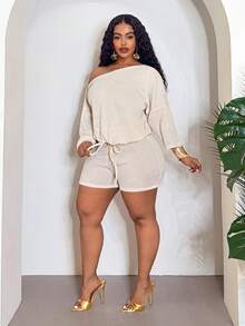 Slaydiva Women's Fashion Knitted Romper,White Summer Smart Casual Vacation Off Shoulder Short Jumpsuit With Elastic Waist,Elegant Minimalist Cozy Sets-Beige - Cream - View 4