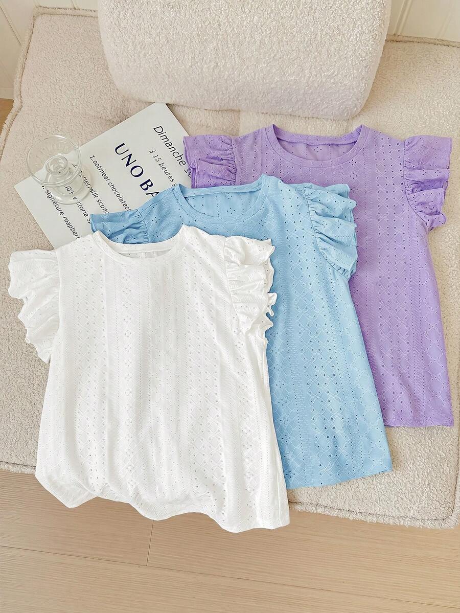 SHEIN LMoss Kids 3件套/少女套装/少女休闲提花针织纯色圆领短袖上衣 - 彩色 - 查看 1