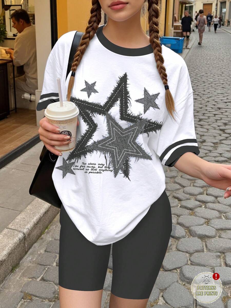 少女星形印花宽松休闲撞色条纹短袖T恤和裤子两件套，适合夏季、Y2K风格、儿童舒适、儿童日常时尚、儿童套装、澳大利亚夏季服装、Blossom Vogue、秋季新款、返校季时尚、平价时尚、日本周末服装、澳大利亚夏季服装、甜美风格、舒适的春夏款式、轻松舒适、情人节、度假、女孩套装、少女服装、街头时尚、个性化定制 - 彩色 - 查看 1