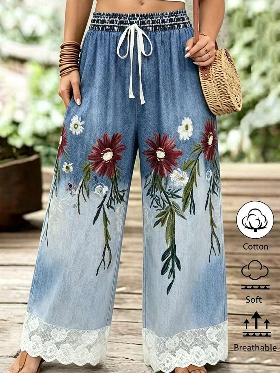 EMERY ROSE Plus Size Ombre Print Knuten Spets Patchwork Casual Vida Benbyxor - Multifärgad - Visa 1