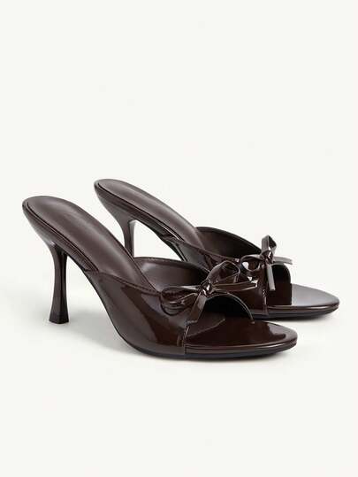 CUCCOO CHICEST Ladies, Spring And Summer, Patent Leather Bow Decoration, Open Toe, Stiletto, Daily Party, Brown High-Heeled Sandals.