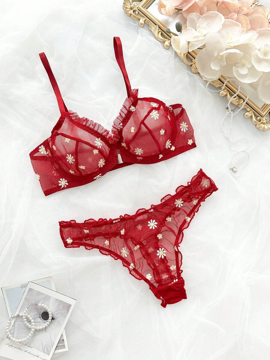 SHEIN 两件套浪漫刺绣钢圈性感内衣套装 - 酒紅色 - 查看 1