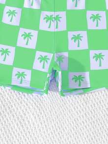Toddler Boys' Swimwear, Cute Style For Beach And Vacation, Green Best-Selling Style With Coconut Tree Pattern, Knitted Fabric, Long Sleeve Sun Protection, Shorts, 2-Piece Split Suit, Fashion And Casual, Exquisite Design, Suitable For Swimming, Summer Vacation, Summer Beach, Seaside, Swimming Pool, Summer Holiday Parties And Leisure Vacations - Green - View 4