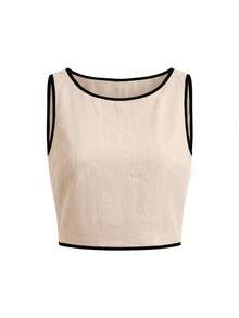 Ellevyn Bộ đồ nữ mùa hè kiểu dáng thường ngày, áo tank top cổ tròn phối viền tương phản và quần short (2 món) - Màu be - Xem 2