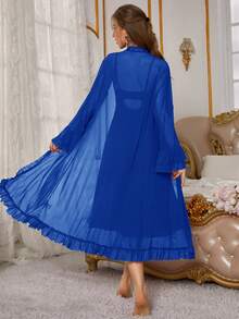 Slumberist 2pcs Lace Sheer Camisole Dress And Robe Set - Royal Blue - View 2