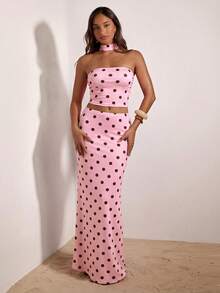 Opulessa Vacation Knit Classic Polka Dot Pattern Fitted Cropped Tank Top & Low Waist Fishtail Skirt 2 Pieces Set For Women - Pink - View 3