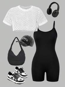 Tween Girls' Casual StreetStyle 2-Piece Set,White Mesh Cropped Top,Black Suspender Shorts,Spring/Summer Holiday,Travel,Commute,Cowboy,Cheer Outfit - Black and White - View 5