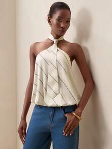 Briarwyn Women's Edgy Satin Printed Tie Backless Camisole Top, Summer, Elegant Sexy Top, Vacation Outfits Women, Work Golf Party For, Fashionable Tops White - Apricot - View 6