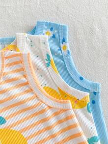 SHEIN Playful Pals 6件套女婴套装，白色、橙色、蓝色柠檬条纹、碎花、波点印花无袖上衣+松紧腰短裤，休闲可爱清新套装，柔软针织罗纹面料，适合春夏日常外出、上学、购物、公园、聚会、旅行等场合。 - 彩色 - 查看 8