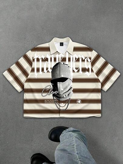 Manfinity EMRG Unisex Retro Street Portrait Print Striped Short Sleeve Shirt, Music Festival Shirt