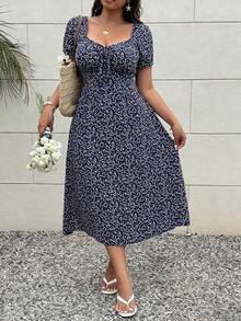 SHEIN SunnyBelle Đầm chữ A tay ngắn in họa tiết cổ áo kim cương cỡ lớn - Nhiều màu - Xem 3