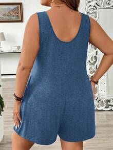 SHEIN LUNE Mono de punto de talla grande con cuello redondo, sin mangas, tirantes anchos y bolsillos, de unicolor - Azul - Ver 2