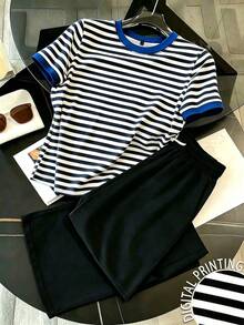 Resyla Conjunto de top de manga corta con cuello redondo a rayas y pantalones de unicolor para mujer - Multicolor - Ver 1