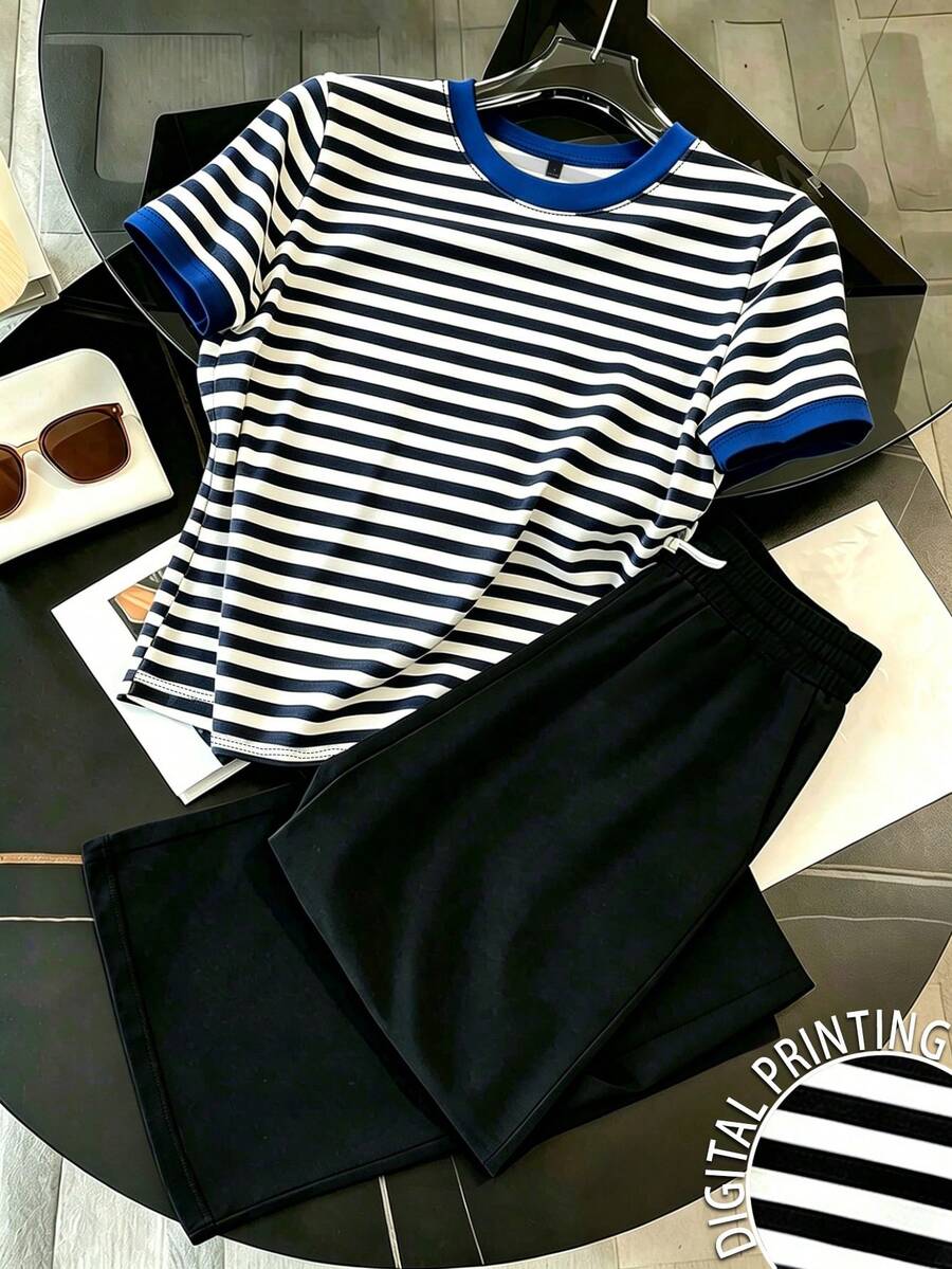 Resyla Conjunto de top de manga corta con cuello redondo a rayas y pantalones de unicolor para mujer - Multicolor - Ver 1